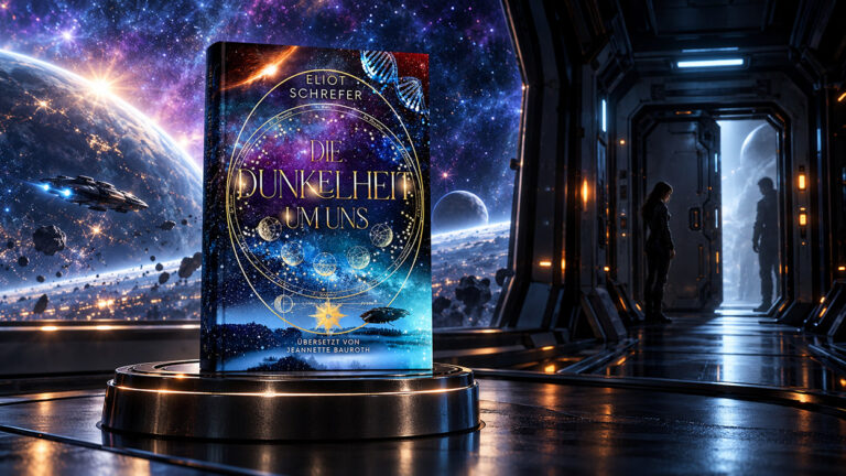 Das farbenprächtige Buchcover von Die Dunkelheit um uns von Eliot Schrefer steht auf einem metallischen Podest vor einer kosmischen Landschaft mit Planeten, Sternennebeln und einem Raumschiff. Rechts sind zwei menschliche Silhouetten in einem dunklen Raumschiffkorridor zu erkennen.