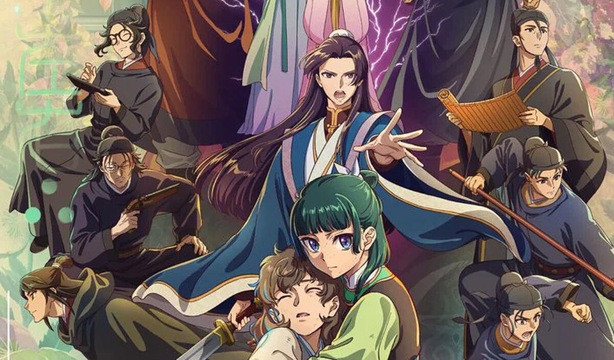Farbenprächtiges Anime-Motiv zu Die Tagebücher der Apothekerin. Maomao mit dunkelgrünem Haar kümmert sich um einen jungen Mann, während Jinshi mit ausgestreckter Hand und weitere Figuren in historischen Gewändern die Szene umgeben.