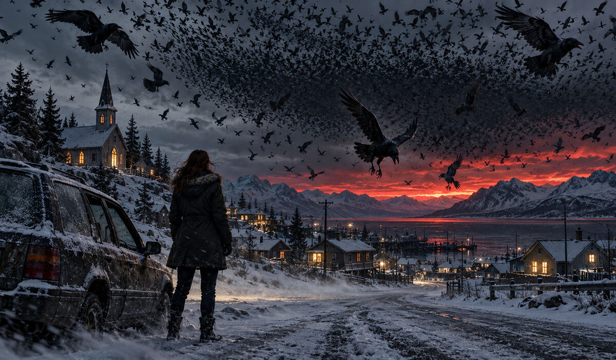 KI-generierte Horrorillustration zur geplanten HBO-Serie Die Vögel. Eine Frau im dunklen Wintermantel steht neben einem verschneiten Auto und blickt auf eine Kleinstadt in Alaska. Hunderte schwarze Vögel verdunkeln den Himmel, während einzelne Krähen im Sturzflug herabstoßen. Im Hintergrund liegen eine beleuchtete Kirche, verschneite Holzhäuser und Berge unter einem blutroten Abendhimmel.