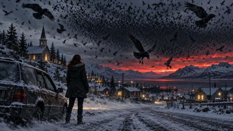 KI-generierte Horrorillustration zur geplanten HBO-Serie Die Vögel. Eine Frau im dunklen Wintermantel steht neben einem verschneiten Auto und blickt auf eine Kleinstadt in Alaska. Hunderte schwarze Vögel verdunkeln den Himmel, während einzelne Krähen im Sturzflug herabstoßen. Im Hintergrund liegen eine beleuchtete Kirche, verschneite Holzhäuser und Berge unter einem blutroten Abendhimmel.
