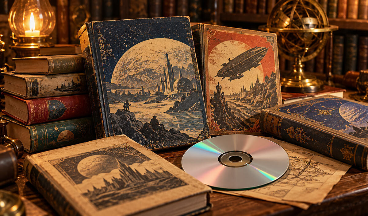 Historische Bücher mit fantastischen Illustrationen von Mondlandschaften und Luftschiffen auf einem antiken Schreibtisch. Eine silberne DVD liegt zwischen den Büchern, im Hintergrund leuchten eine Öllampe und ein Messinginstrument.