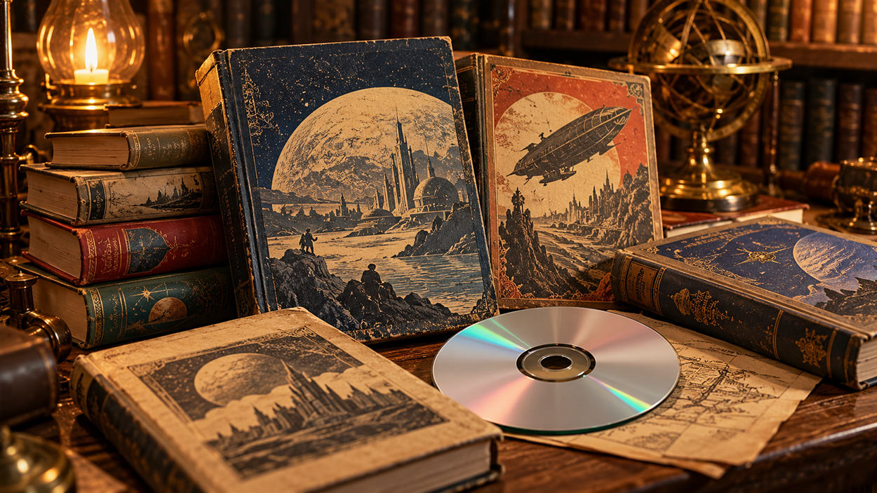 Historische Bücher mit fantastischen Illustrationen von Mondlandschaften und Luftschiffen auf einem antiken Schreibtisch. Eine silberne DVD liegt zwischen den Büchern, im Hintergrund leuchten eine Öllampe und ein Messinginstrument.