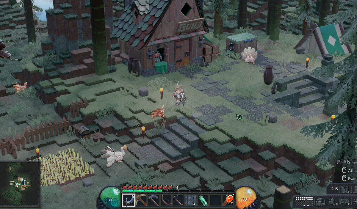 Gameplay-Screenshot aus Direland mit einer kleinen bewaffneten Spielfigur vor einem Holzhaus in einer bewaldeten Voxelwelt. Terrassenförmige Landschaft, Steintreppen, Fackeln, ein Gemüsefeld und weitere Gebäude sind zu sehen.