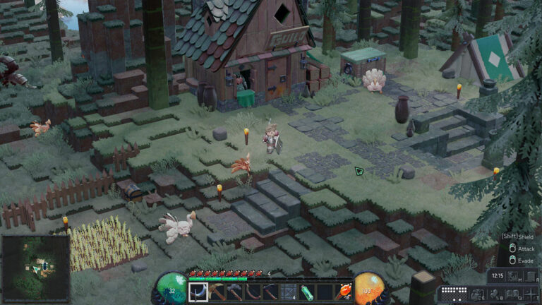 Gameplay-Screenshot aus Direland mit einer kleinen bewaffneten Spielfigur vor einem Holzhaus in einer bewaldeten Voxelwelt. Terrassenförmige Landschaft, Steintreppen, Fackeln, ein Gemüsefeld und weitere Gebäude sind zu sehen.