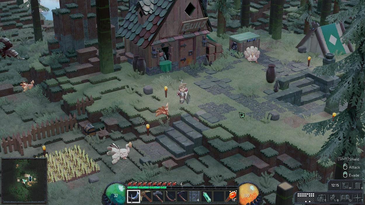 Gameplay-Screenshot aus Direland mit einer kleinen bewaffneten Spielfigur vor einem Holzhaus in einer bewaldeten Voxelwelt. Terrassenförmige Landschaft, Steintreppen, Fackeln, ein Gemüsefeld und weitere Gebäude sind zu sehen.