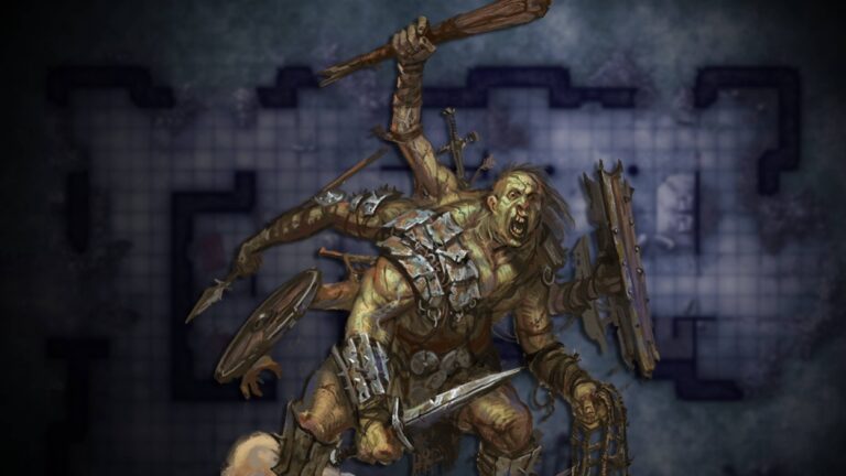 Der Gore Drinker, ein groteskes Monster aus mehreren verwachsenen Körpern, stürmt im Shadowfell auf seine Gegner zu.