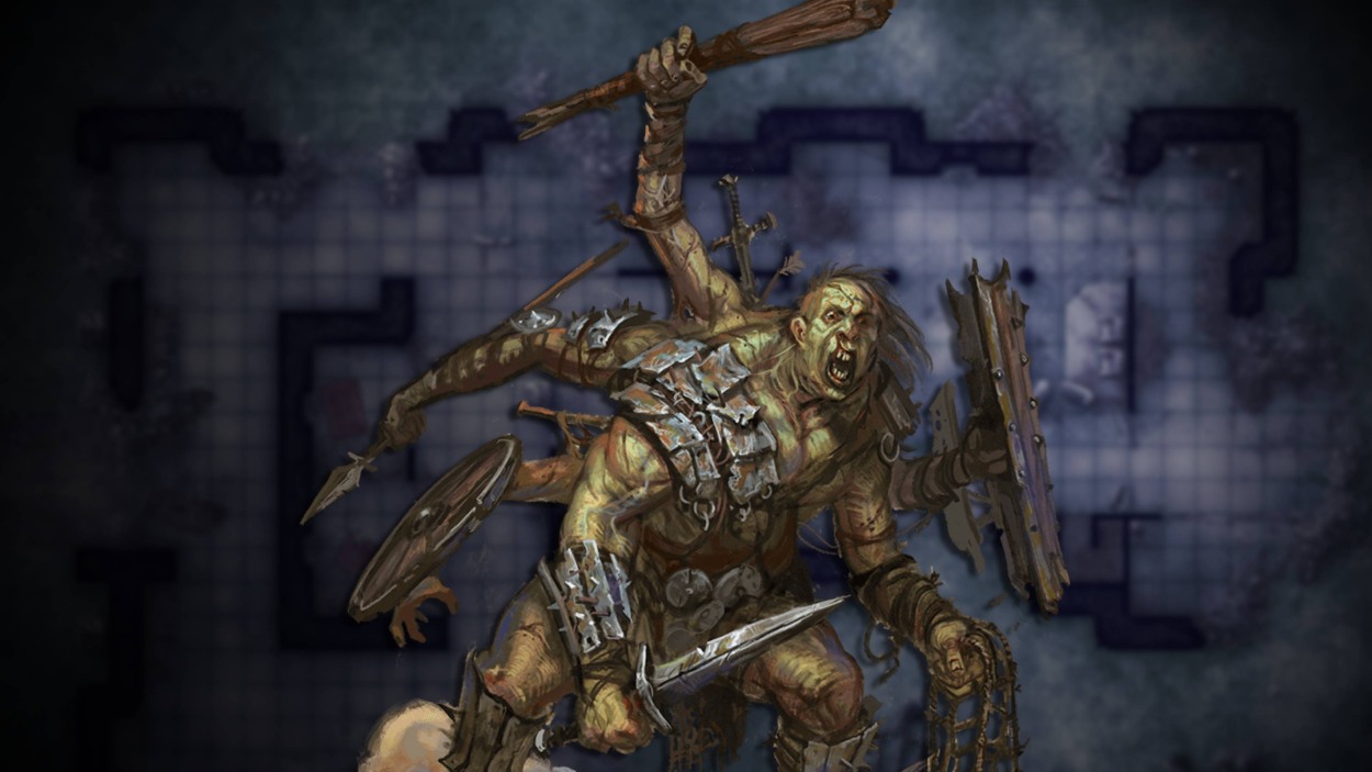 Der Gore Drinker, ein groteskes Monster aus mehreren verwachsenen Körpern, stürmt im Shadowfell auf seine Gegner zu.