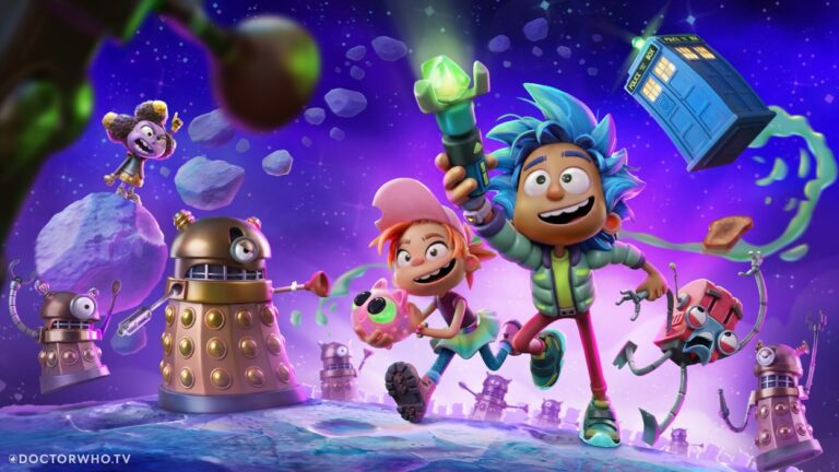 Der junge Doctor und seine Begleiter aus Doctor Who: TARDIS Crew rennen durch eine farbenfrohe Weltraumszene mit Daleks und der TARDIS.