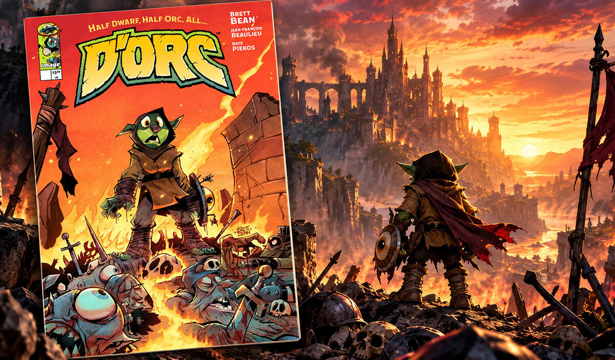 Fantasy-Illustration mit dem Comiccover von D’Orc auf der linken Seite. Rechts blickt ein kleiner grünhäutiger Halbzwerg mit rotem Umhang und magischem Augenschild auf eine riesige Burg im Sonnenuntergang. Brennende Ruinen, Waffen und Totenschädel bedecken die Landschaft.