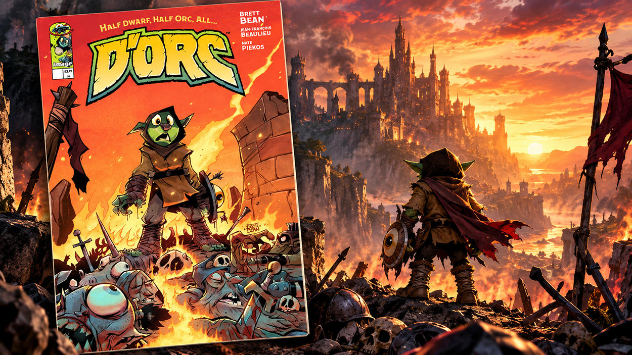 Fantasy-Illustration mit dem Comiccover von D’Orc auf der linken Seite. Rechts blickt ein kleiner grünhäutiger Halbzwerg mit rotem Umhang und magischem Augenschild auf eine riesige Burg im Sonnenuntergang. Brennende Ruinen, Waffen und Totenschädel bedecken die Landschaft.