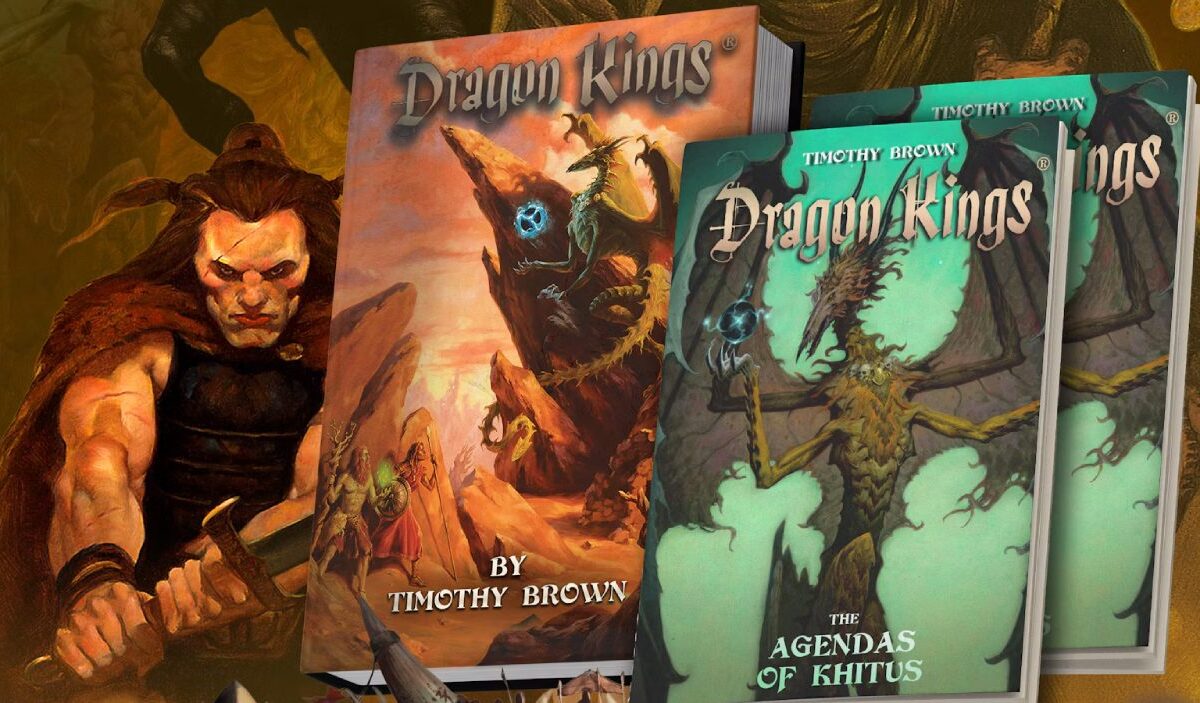 Mehrere Ausgaben von Dragon Kings stehen vor düsterem Fantasy-Artwork mit Kriegern, Drachen und einer kargen Wüstenwelt.