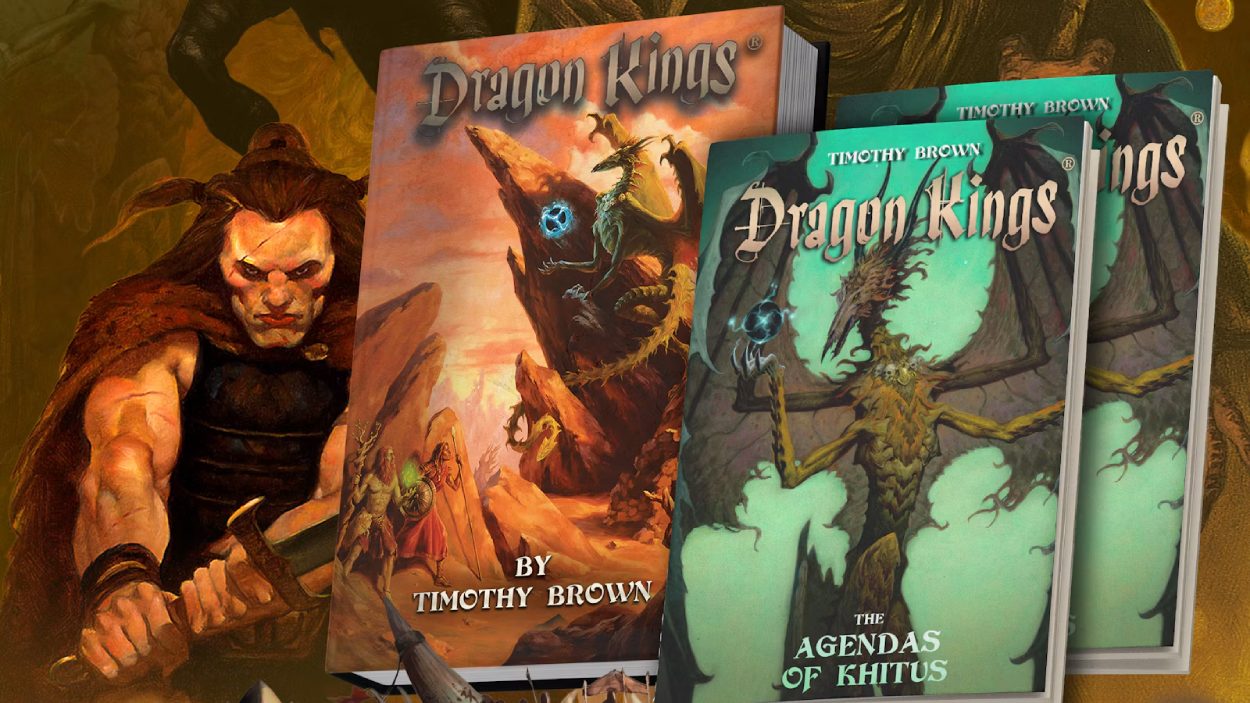 Mehrere Ausgaben von Dragon Kings stehen vor düsterem Fantasy-Artwork mit Kriegern, Drachen und einer kargen Wüstenwelt.
