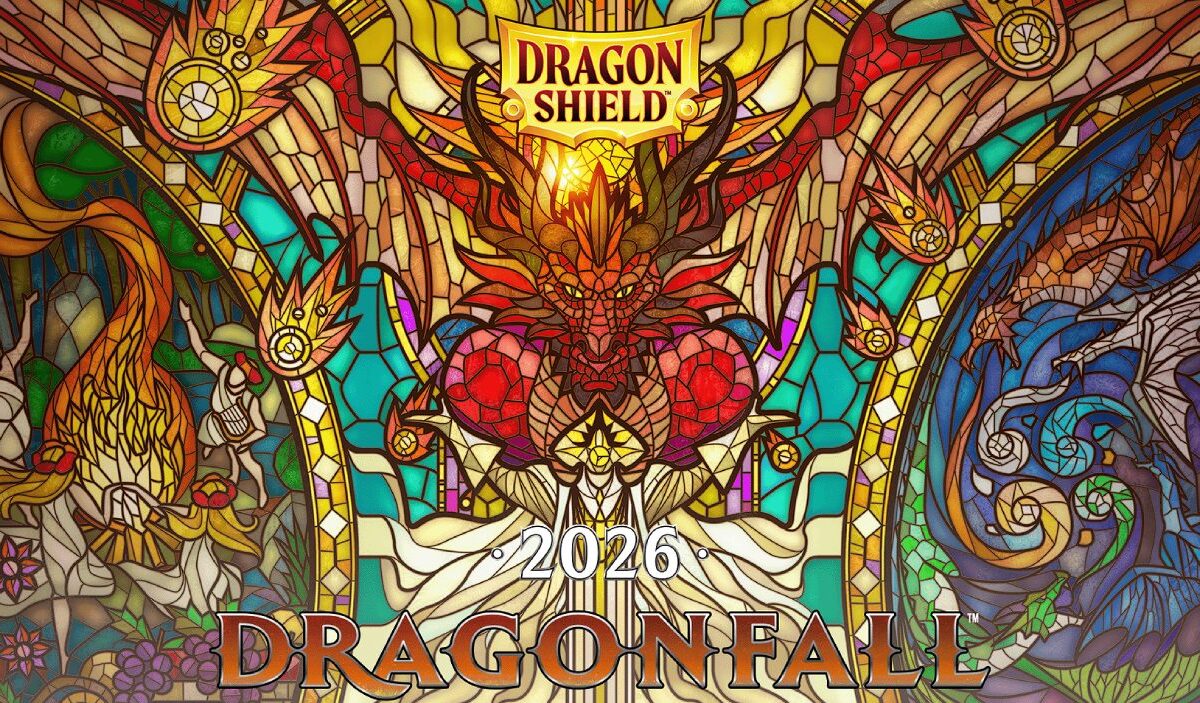 Farbenprächtiges Glasmalerei-Artwork zu Dragonfall 2026 mit zahlreichen Drachen aus der Fantasywelt Arcania.