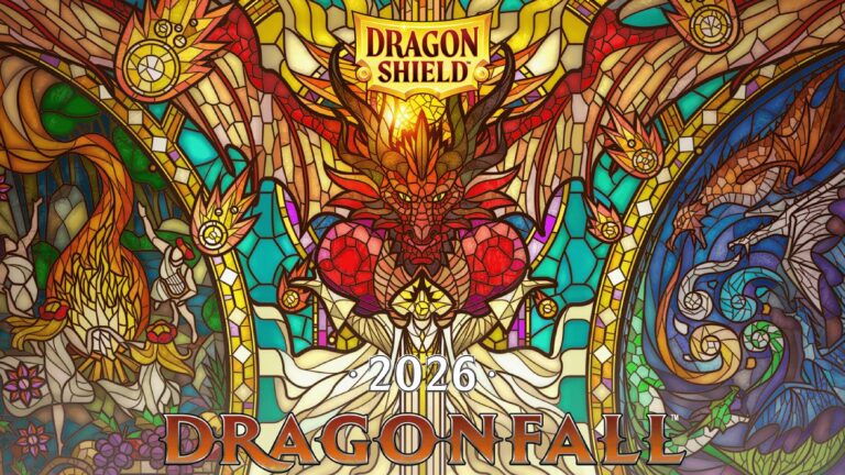 Farbenprächtiges Glasmalerei-Artwork zu Dragonfall 2026 mit zahlreichen Drachen aus der Fantasywelt Arcania.
