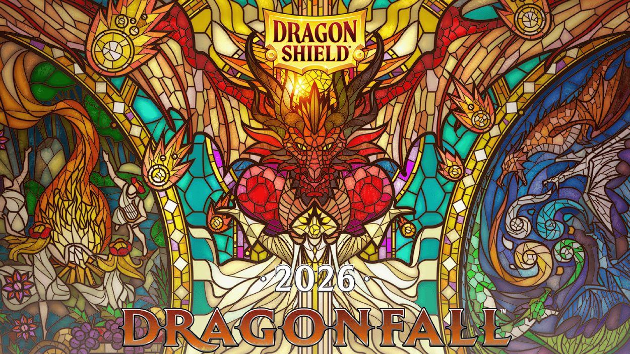 Farbenprächtiges Glasmalerei-Artwork zu Dragonfall 2026 mit zahlreichen Drachen aus der Fantasywelt Arcania.