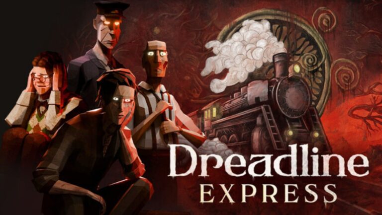 Mehrere stilisierte Passagiere stehen vor einer alten Dampflok in einem düsteren roten Horrormotiv zu Dreadline Express.