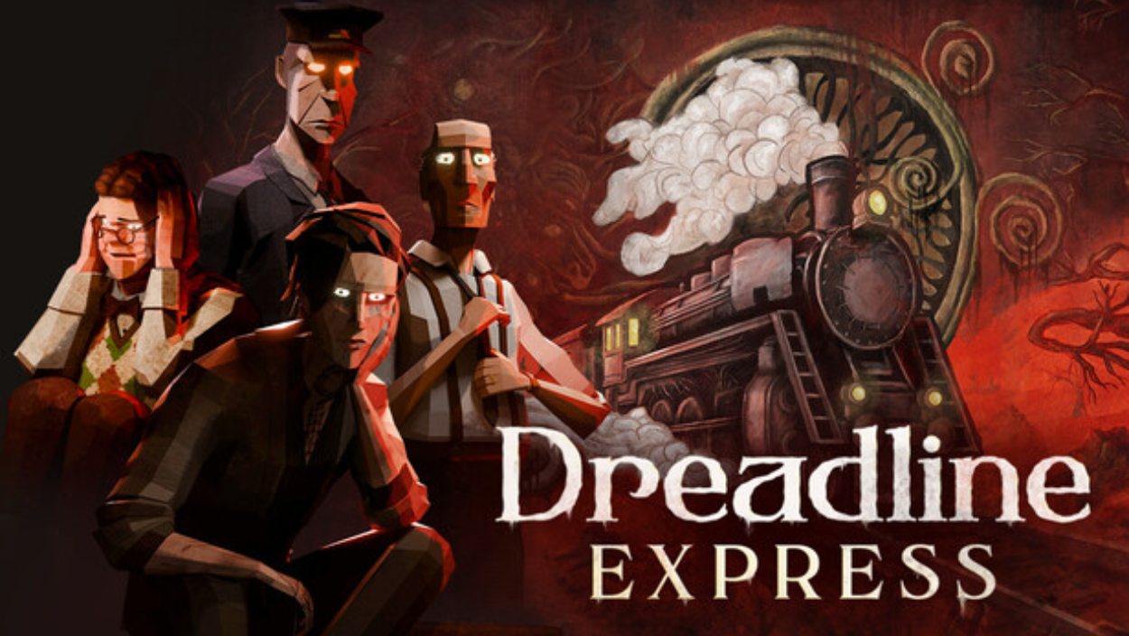Mehrere stilisierte Passagiere stehen vor einer alten Dampflok in einem düsteren roten Horrormotiv zu Dreadline Express.