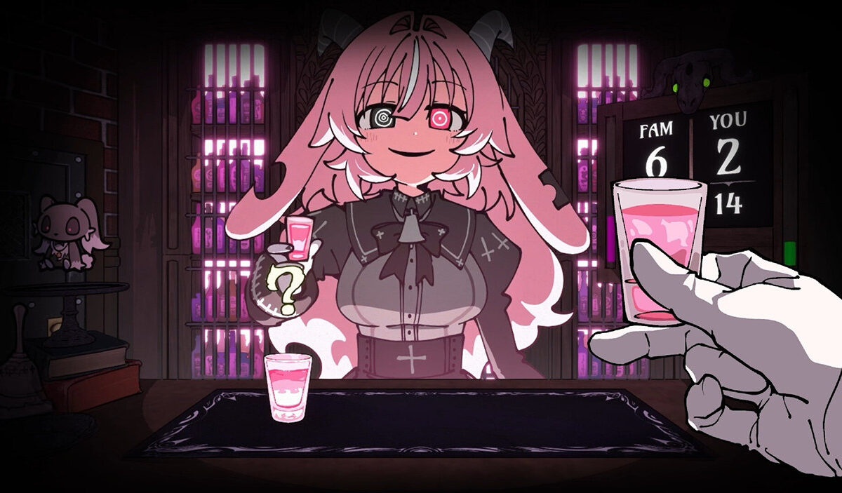 Gameplay-Screenshot aus Drunken Goddess Reflux: Eine pinkhaarige Dämonin mit langen Ohren, kleinen Hörnern und unterschiedlich leuchtenden Augen hält ein rosa Schnapsglas. Im Vordergrund bietet ihr eine behandschuhte Hand ein weiteres Glas an. Dahinter sind eine düstere Bar und eine Punktetafel zu sehen.