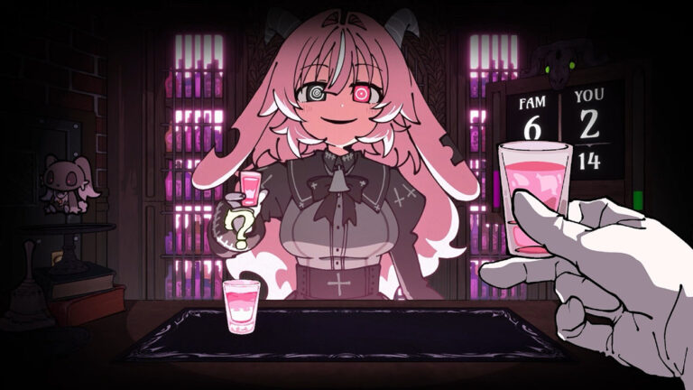 Gameplay-Screenshot aus Drunken Goddess Reflux: Eine pinkhaarige Dämonin mit langen Ohren, kleinen Hörnern und unterschiedlich leuchtenden Augen hält ein rosa Schnapsglas. Im Vordergrund bietet ihr eine behandschuhte Hand ein weiteres Glas an. Dahinter sind eine düstere Bar und eine Punktetafel zu sehen.