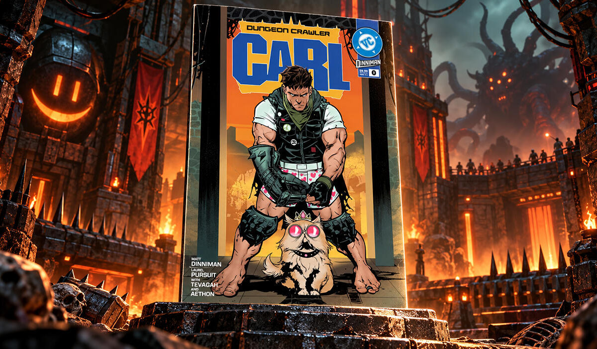 Das Comiccover von Dungeon Crawler Carl mit Carl in Herzchenunterhose und seiner Katze Prinzessin Donut steht auf einem steinernen Sockel in einer feurigen Dungeon-Arena. Im Hintergrund leuchten rote Banner, Fackeln und eine riesige tentakelartige Kreatur.
