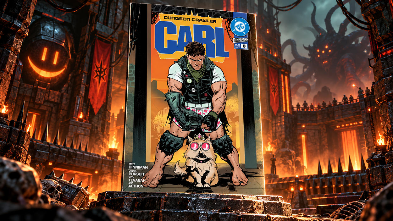 Das Comiccover von Dungeon Crawler Carl mit Carl in Herzchenunterhose und seiner Katze Prinzessin Donut steht auf einem steinernen Sockel in einer feurigen Dungeon-Arena. Im Hintergrund leuchten rote Banner, Fackeln und eine riesige tentakelartige Kreatur.