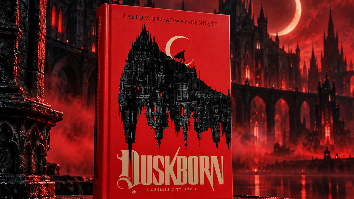 Aufrecht stehendes Buch Duskborn von Callum Broadway-Bennett vor einer düsteren gotischen Fantasystadt mit rotem Himmel, Halbmond, schwarzer Architektur und rotem Nebel.