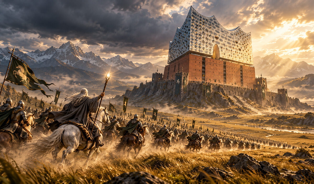 Die Elbphilharmonie erhebt sich wie eine gewaltige Festung in einer weiten Fantasy-Landschaft, während ein großer Reitertrupp unter Führung eines weiß gekleideten Zauberers auf das Gebäude zustürmt.