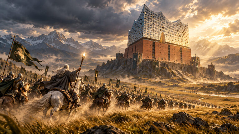 Die Elbphilharmonie erhebt sich wie eine gewaltige Festung in einer weiten Fantasy-Landschaft, während ein großer Reitertrupp unter Führung eines weiß gekleideten Zauberers auf das Gebäude zustürmt.