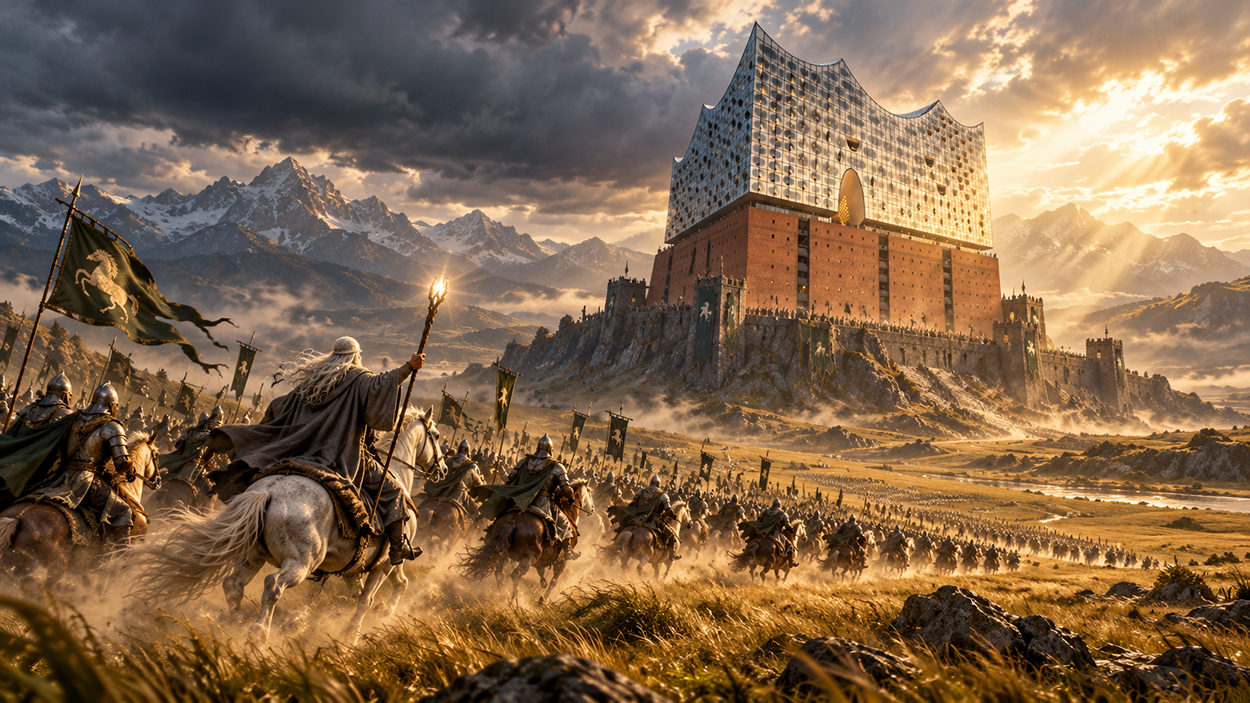 Die Elbphilharmonie erhebt sich wie eine gewaltige Festung in einer weiten Fantasy-Landschaft, während ein großer Reitertrupp unter Führung eines weiß gekleideten Zauberers auf das Gebäude zustürmt.