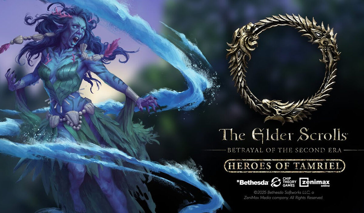 Offizielles Werbemotiv zu The Elder Scrolls: Heroes of Tamriel. Links steht eine schreiende blau-violette Fantasygestalt mit langen dunklen Haaren und wirbelnden magischen Energiebändern. Rechts erscheinen das goldene Elder-Scrolls-Emblem und der Schriftzug Betrayal of the Second Era – Heroes of Tamriel.