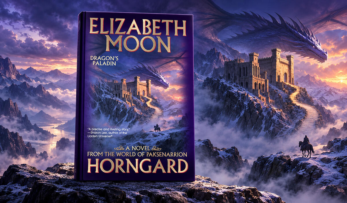 Buchcover von Horngard von Elizabeth Moon im Vordergrund einer violett beleuchteten Fantasylandschaft. Rechts erhebt sich eine Burg auf einem schneebedeckten Felsen, während ein riesiger dunkler Drache über ihr schwebt. Ein einsamer Reiter blickt auf die Festung.