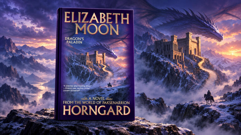 Buchcover von Horngard von Elizabeth Moon im Vordergrund einer violett beleuchteten Fantasylandschaft. Rechts erhebt sich eine Burg auf einem schneebedeckten Felsen, während ein riesiger dunkler Drache über ihr schwebt. Ein einsamer Reiter blickt auf die Festung.