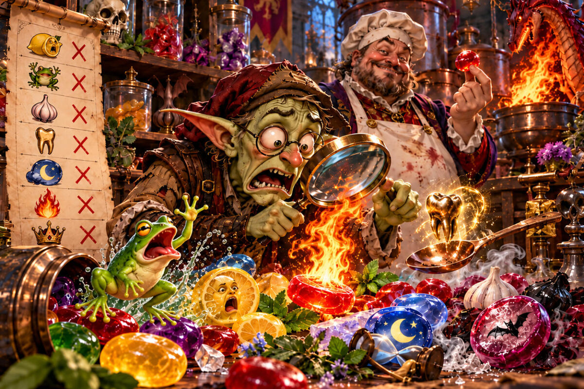 Satirische Fantasy-Illustration zu Em-eukal und Vitamin D: Ein entsetzter Goblin-Lebensmittelprüfer untersucht magische Bonbons mit einer Lupe. Ein grüner Frosch springt zwischen Süßigkeiten, ein rotes Bonbon steht in Flammen und ein zwielichtiger Bonbonfabrikant grinst im Hintergrund.