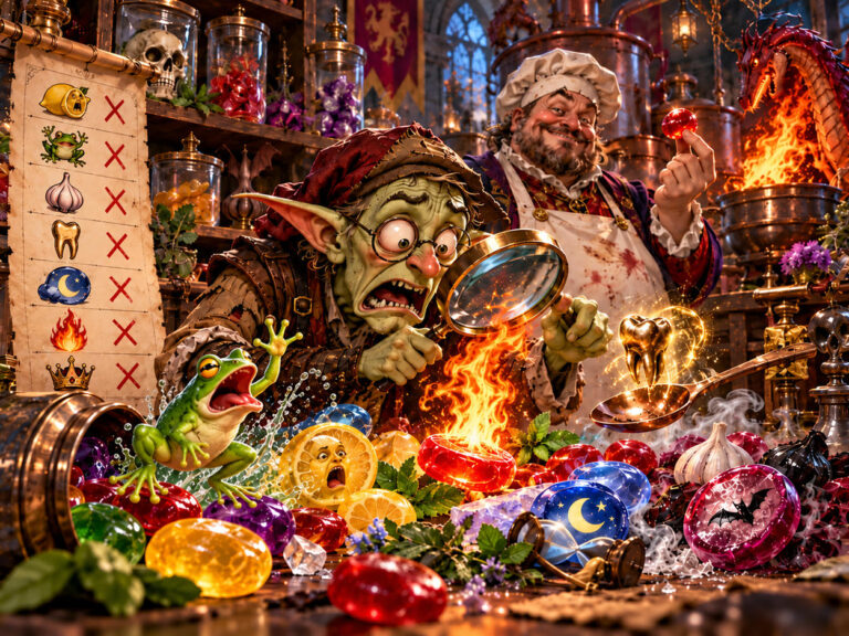 Satirische Fantasy-Illustration zu Em-eukal und Vitamin D: Ein entsetzter Goblin-Lebensmittelprüfer untersucht magische Bonbons mit einer Lupe. Ein grüner Frosch springt zwischen Süßigkeiten, ein rotes Bonbon steht in Flammen und ein zwielichtiger Bonbonfabrikant grinst im Hintergrund.