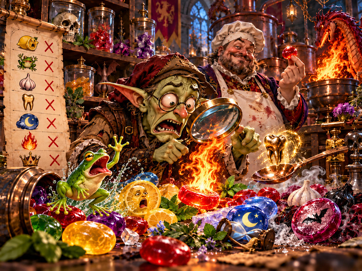 Satirische Fantasy-Illustration zu Em-eukal und Vitamin D: Ein entsetzter Goblin-Lebensmittelprüfer untersucht magische Bonbons mit einer Lupe. Ein grüner Frosch springt zwischen Süßigkeiten, ein rotes Bonbon steht in Flammen und ein zwielichtiger Bonbonfabrikant grinst im Hintergrund.