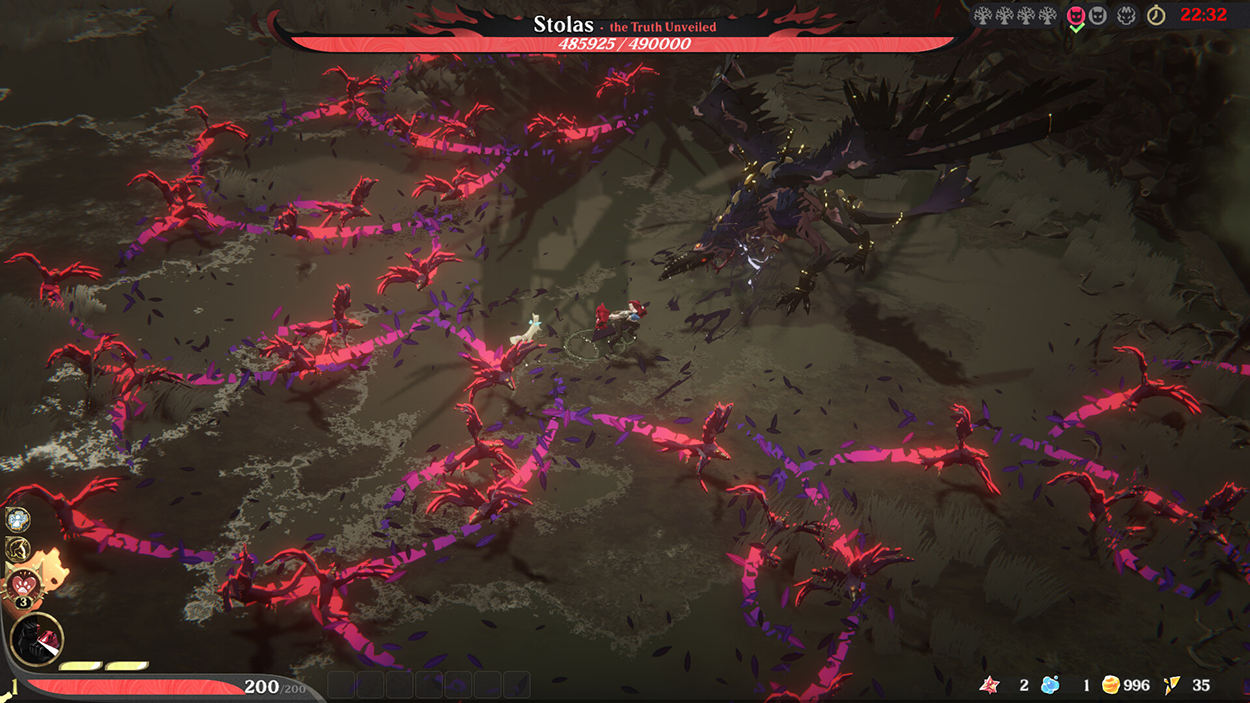 Gameplay-Screenshot aus Ember & Blade mit dem riesigen, schwarz gefiederten Dämon Stolas und einer kleinen Spielfigur im Kampf. Rot-violett leuchtende Dornenranken bedecken das düstere Schlachtfeld, während am oberen Bildschirmrand die Lebensanzeige des Bosses zu sehen ist.