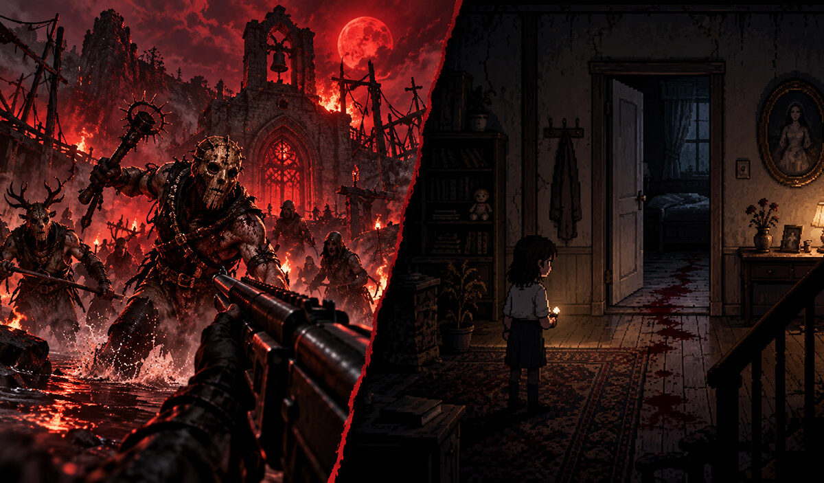 Geteiltes 16:9-Horrormotiv: Links stürmen maskierte Monster vor einer brennenden Ruine unter rotem Blutmond auf einen bewaffneten Spieler zu. Rechts steht ein Pixelkind mit Kerze in einem dunklen Hausflur, in dem eine Blutspur zu einer offenen Tür führt.