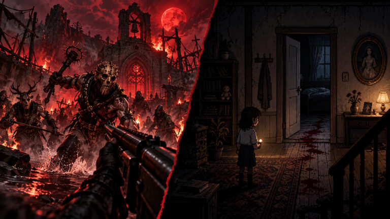Geteiltes 16:9-Horrormotiv: Links stürmen maskierte Monster vor einer brennenden Ruine unter rotem Blutmond auf einen bewaffneten Spieler zu. Rechts steht ein Pixelkind mit Kerze in einem dunklen Hausflur, in dem eine Blutspur zu einer offenen Tür führt.