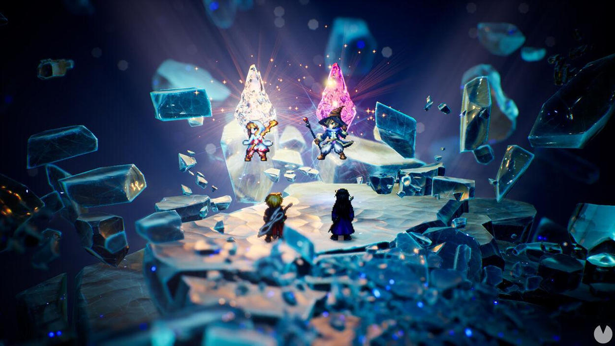 Offizielles Motiv zu Final Fantasy Resonance mit mehreren Fantasyfiguren in einer farbenreichen HD-2D-Welt mit Kristallen, Luftschiff und magischer Landschaft.