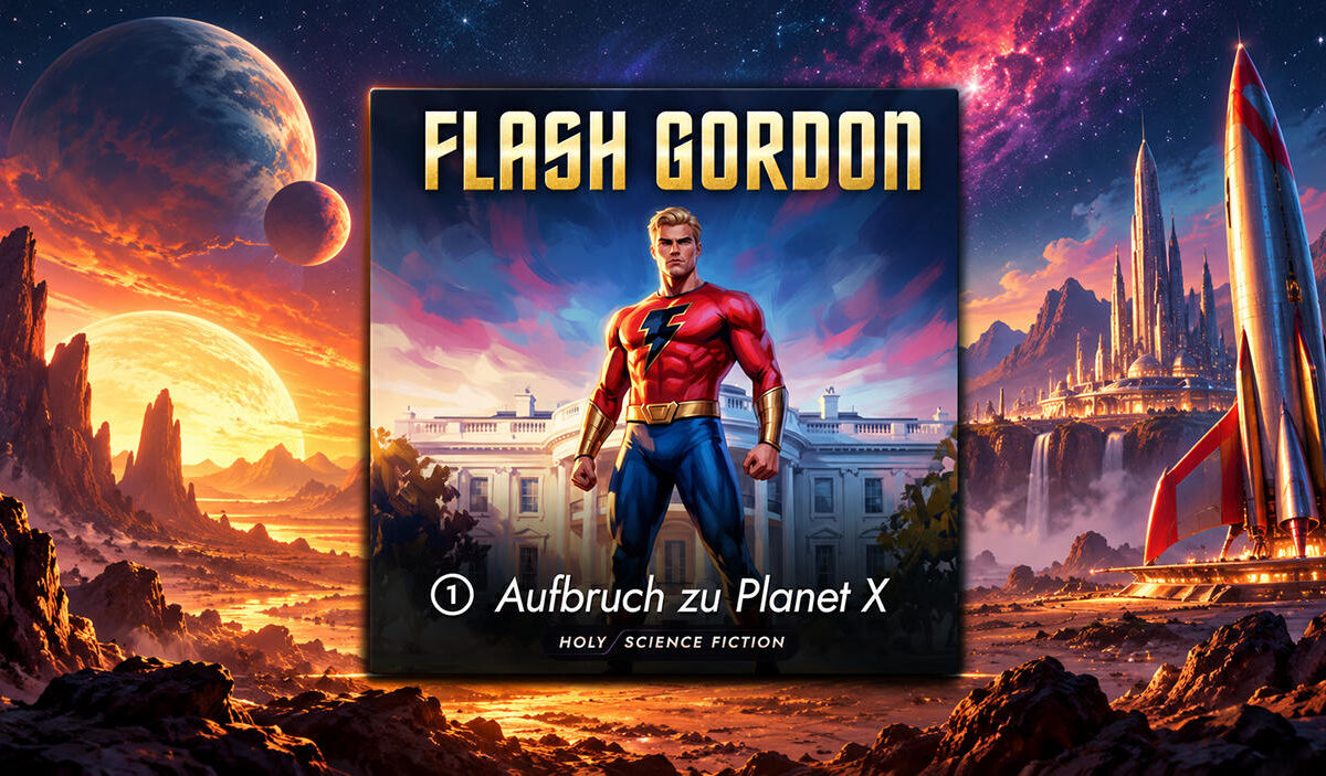 Das originale Holysoft-Cover des Hörspiels Flash Gordon – Aufbruch zu Planet X zeigt den blonden Weltraumhelden in rotem Anzug vor einem weißen Gebäude. Das Cover steht inmitten einer fantastischen außerirdischen Landschaft mit gewaltigen Planeten, einer futuristischen Stadt und einer silbernen Rakete.