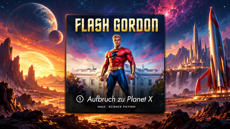 Das originale Holysoft-Cover des Hörspiels Flash Gordon – Aufbruch zu Planet X zeigt den blonden Weltraumhelden in rotem Anzug vor einem weißen Gebäude. Das Cover steht inmitten einer fantastischen außerirdischen Landschaft mit gewaltigen Planeten, einer futuristischen Stadt und einer silbernen Rakete.