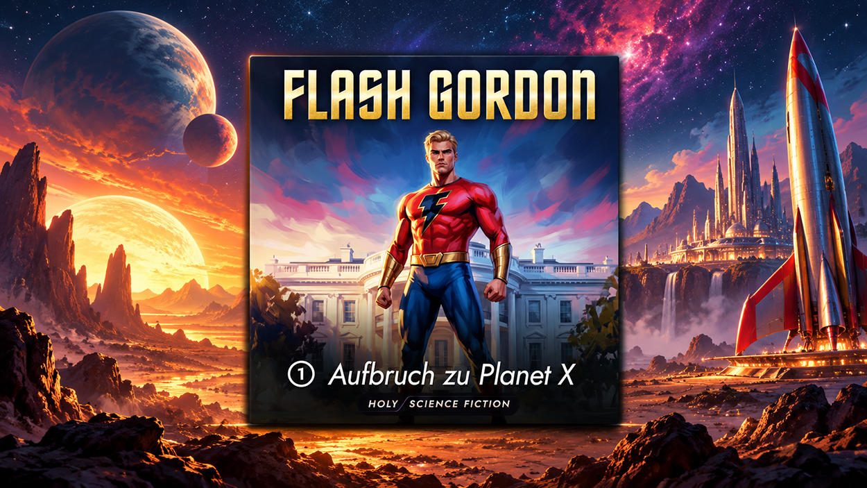 Das originale Holysoft-Cover des Hörspiels Flash Gordon – Aufbruch zu Planet X zeigt den blonden Weltraumhelden in rotem Anzug vor einem weißen Gebäude. Das Cover steht inmitten einer fantastischen außerirdischen Landschaft mit gewaltigen Planeten, einer futuristischen Stadt und einer silbernen Rakete.