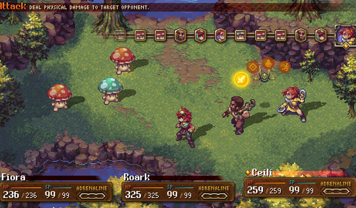 Gameplay-Screenshot aus Forge of the Fae mit drei Fantasyhelden im rundenbasierten Kampf gegen bunte Pilzmonster und eine kleine magische Kreatur. Am Bildschirmrand sind Zugreihenfolge, Lebenspunkte und Adrenalinanzeigen zu sehen.