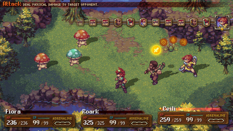 Gameplay-Screenshot aus Forge of the Fae mit drei Fantasyhelden im rundenbasierten Kampf gegen bunte Pilzmonster und eine kleine magische Kreatur. Am Bildschirmrand sind Zugreihenfolge, Lebenspunkte und Adrenalinanzeigen zu sehen.