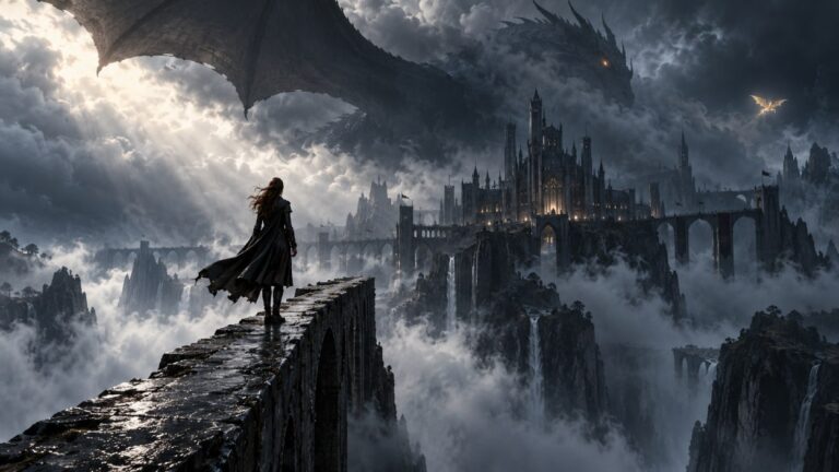 Eine einzelne Gestalt steht auf einer schmalen Steinbrücke vor einer gewaltigen düsteren Akademie, während ein riesiger Drache durch die Sturmwolken über ihr zieht.