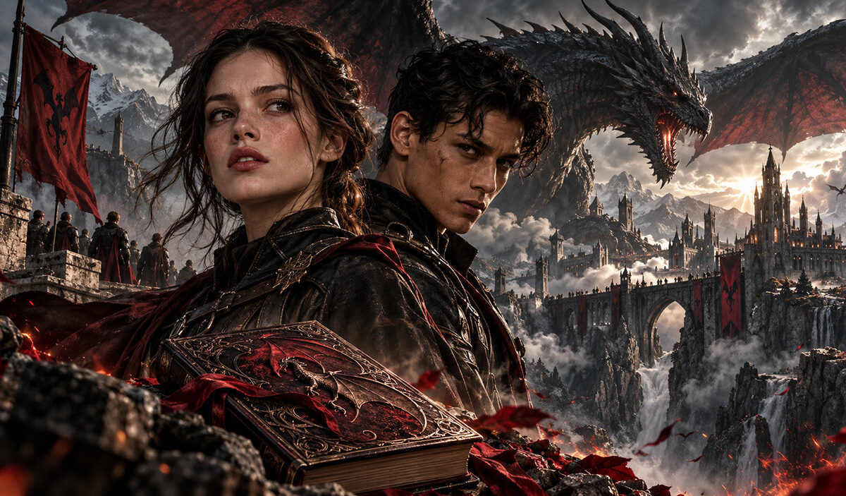 Cineastische Fantasy-Illustration mit einer jungen Frau und einem dunkelhaarigen Mann in Drachenreiterkleidung vor einer gewaltigen gotischen Festung. Ein riesiger schwarzer Drache mit rot schimmernden Flügeln erhebt sich über den Türmen. Im Vordergrund liegt ein reich verziertes Fantasybuch.