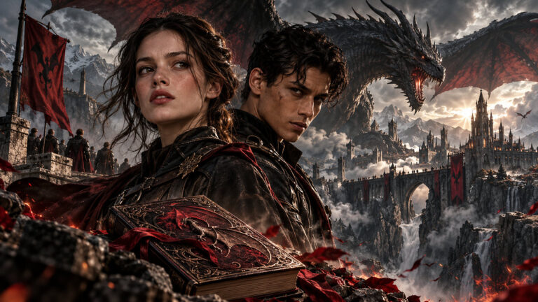 Cineastische Fantasy-Illustration mit einer jungen Frau und einem dunkelhaarigen Mann in Drachenreiterkleidung vor einer gewaltigen gotischen Festung. Ein riesiger schwarzer Drache mit rot schimmernden Flügeln erhebt sich über den Türmen. Im Vordergrund liegt ein reich verziertes Fantasybuch.