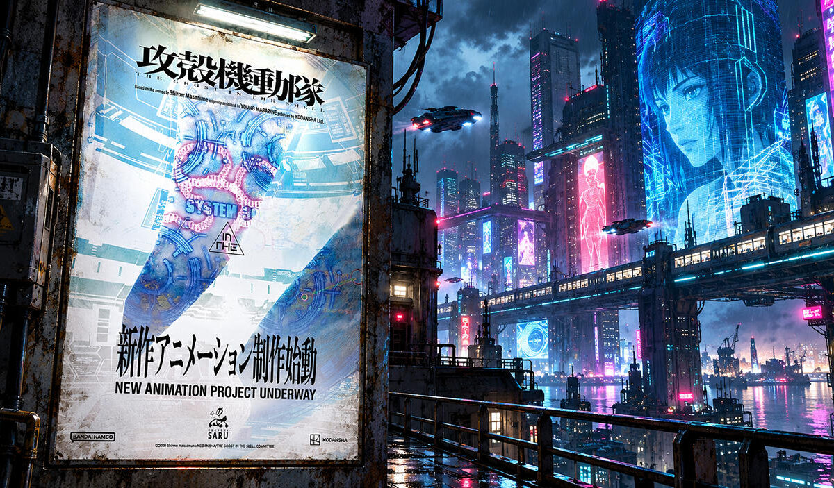 Das offizielle Ankündigungsmotiv zum neuen Ghost in the Shell-Anime hängt links an einer metallischen Wand. Rechts erstreckt sich eine futuristische Cyberpunk-Stadt mit Neonlichtern, Hochbahnen und einer riesigen holografischen Frauenfigur.