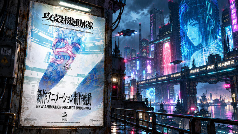 Das offizielle Ankündigungsmotiv zum neuen Ghost in the Shell-Anime hängt links an einer metallischen Wand. Rechts erstreckt sich eine futuristische Cyberpunk-Stadt mit Neonlichtern, Hochbahnen und einer riesigen holografischen Frauenfigur.