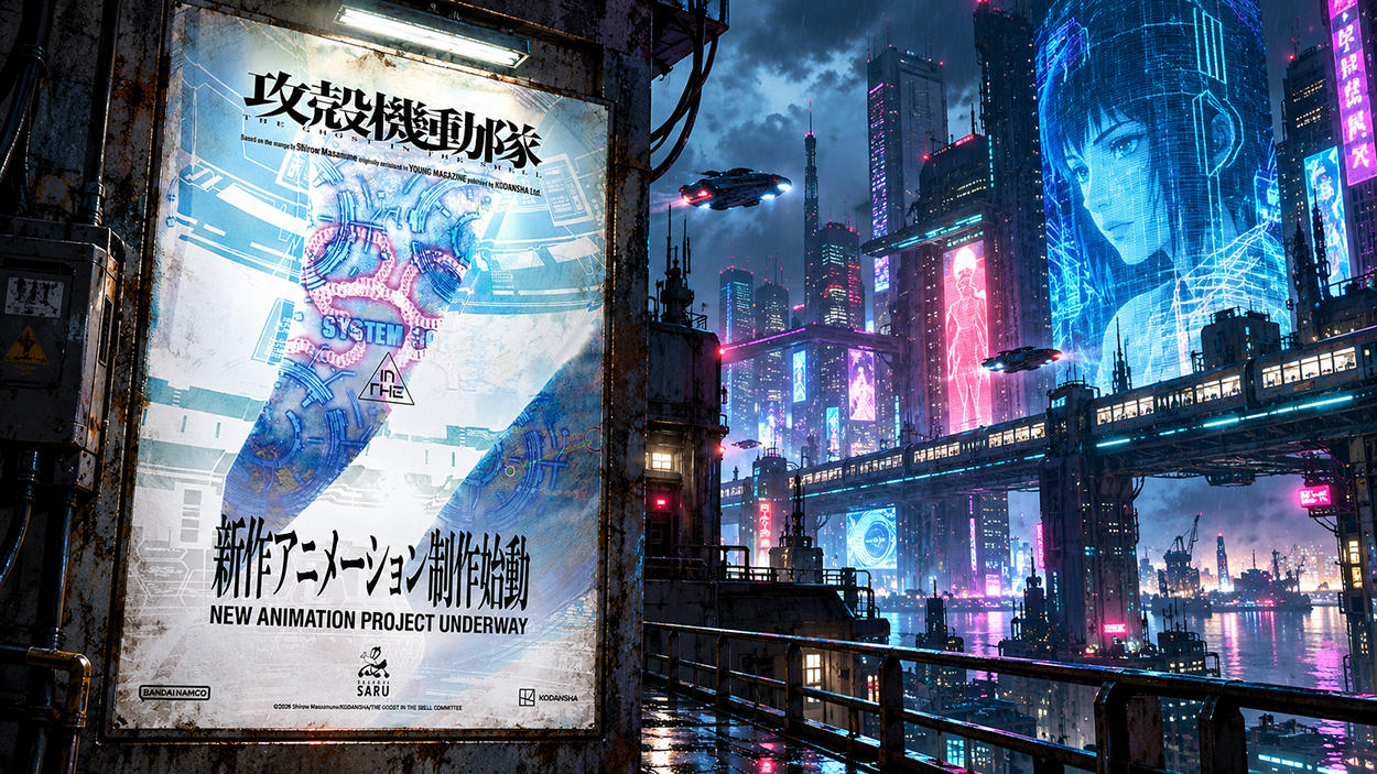 Das offizielle Ankündigungsmotiv zum neuen Ghost in the Shell-Anime hängt links an einer metallischen Wand. Rechts erstreckt sich eine futuristische Cyberpunk-Stadt mit Neonlichtern, Hochbahnen und einer riesigen holografischen Frauenfigur.